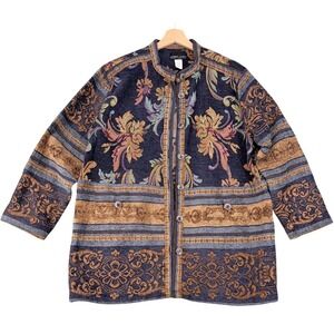 Robert Louis Tapestry Jacket Womens Large Navy Blue Floral Boho Button Front